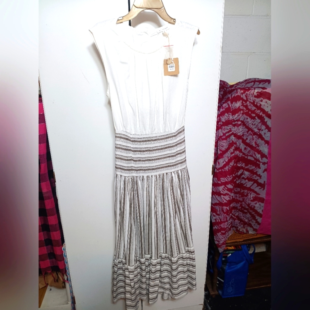 Elegant White and Brown Striped Dress